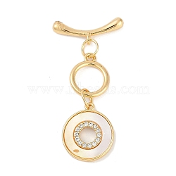 Brass Micro Pave Clear Cubic Zirconia Toggle Clasps, with Shell, Flat Round, Real 18K Gold Plated, Round: 30.5mm long, Pendant: 16x13.5x2mm, Hole: 1.4mm, Bar: 19x6x2.5mm, Hole: 1.5mm(KK-K391-26G)