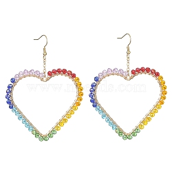 Brass Heart with Glass Beaded Dangle Earrings, 304 Stainless Steel Long Drop Earrings, Colorful, 83x61mm(EJEW-JE05337)