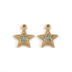 304 Stainless Steel Pendants, with Rhinestone, Star Charm, Real 14K Gold Plated, Aquamarine, 15.5x13x2.5mm, Hole: 1.8mm(STAS-L022-091G-02)