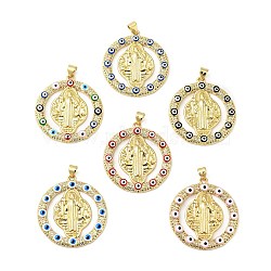 Rack Plating Brass Micro Pave Clear Cubic Zirconia Pendants, with Enamel, Cadmium Free & Lead Free, Real 18K Gold Plated, Ring with Saint & Evil Eye, Mixed Color, 32.5x30.5x3.5mm, Hole: 3.5x5mm(ZIRC-I059-10G)