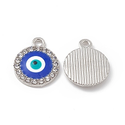 Alloy Crystal Rhinestone Pendants, with Enamel Evil Eye, Flat Round Charms, Platinum, 17.5x14x2mm, Hole: 2mm(FIND-C019-15P)