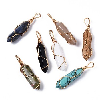 Natural & Synthetic Gemstone Big Pendants, with Brass Findings, Hexagonal Prisms, 44.5~52x10~11x9.5~10.5mm, Hole: 4x7mm