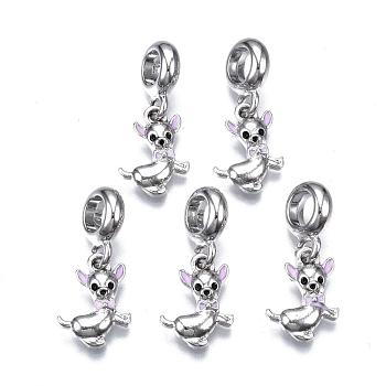 Alloy European Dangle Charms, with Enamel, Large Hole Pendants, Chihuahua, Lilac, Platinum, 24mm, Hole: 5mm, Pendant: 15x10x3mm