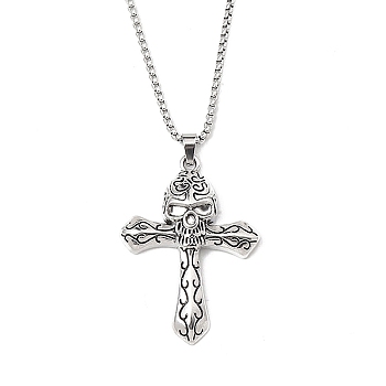 Zinc Alloy Cross Pendant Necklaces, 201 Stainless Steel Chains Necklaces, Stainless Steel Color, 23.35 inch(59.3cm), Cross: 49.5x37.5mm