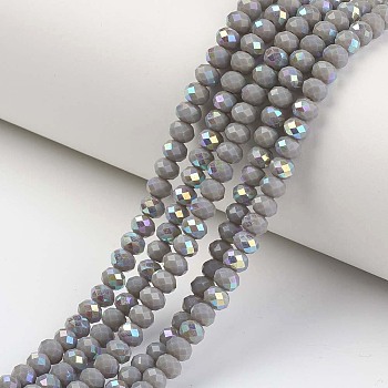 Electroplate Opaque Solid Color Glass Beads Strands, Half Rainbow Plated, Faceted, Rondelle, Gray, 8x6mm, Hole: 1mm, about 63~65pcs/strand, 39~40cm