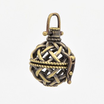 Brass Hollow Cage Pendants, For Chime Ball Pendant Necklace Making, Round, Antique Bronze, 34mm, 26x24x20mm, Hole: 6x6mm, Inner Diameter: 16mm