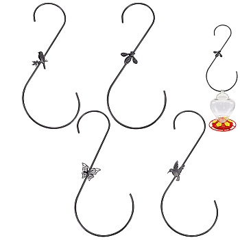 4Pcs 4 Styles Iron Hanging Hooks, Butterfly & Bee & Bird, Black, 300~305x130~132x5mm, 1pc/style