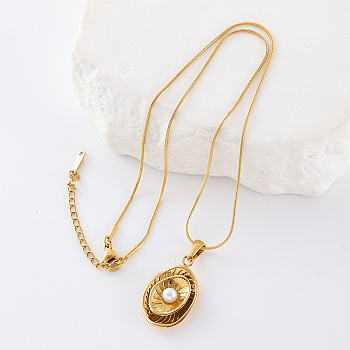 Vintage Oval Stainless Steel Pendant Necklaces for Women, Imitation Pearl Elegant Collarbone Jewelry, Golden, 15.75 inch(40cm)