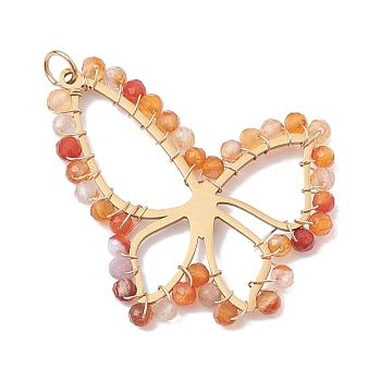 Natural Carnelian Faceted Pendants, 201 Stainless Steel Butterfly Charms, Golden, 34x36x3mm, Hole: 3.6mm
