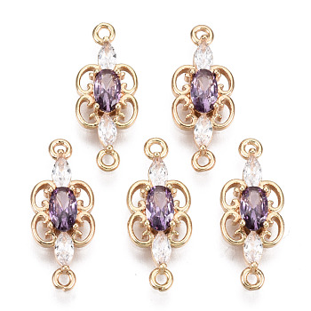 Brass Micro Pave Cubic Zirconia Links Connectors, with Glass, Long-Lasting Plated, Light Gold, Butterfly, Violet, 17.5x7x3mm, Hole: 1.2mm