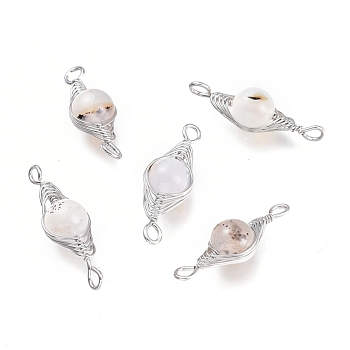 Natural Agate Links Connectors, Wire Wrapped Links, with Platinum Tone Brass Wires, Round, Undyed, 34x11x10mm, Hole: 2.5mm