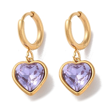 PVD Vacuum Plating 304 Stainless Steel Hoop Earrings, with Rhinestone, Heart, Tanzanite, 26x10mm