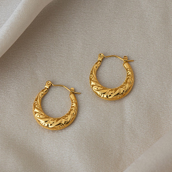 304 Stainless Steel Textured Oval Hoop Earrings for Women, Real 18K Gold Plated, 21.6x20mm