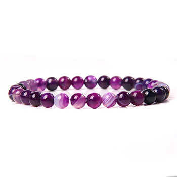 Natural Striped Agate/Banded Agate Round Beaded Stretch Bracelet, 