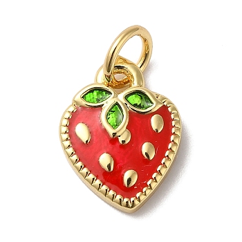 Rack Plating Brass Enamel Charms, with Jump Ring, Long-Lasting Plated, Lead Free & Cadmium Free, Real 18K Gold Plated, Strawberry Charm, Red, 12x9x2mm, Hole: 3.5mm