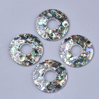 Single-Sided Natural Abalone Shell/Paua Shell Pendants, with Freshwater Shell Back, Ring, Colorful, 40x4mm, Hole: 1.4mm