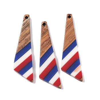 Independence Day Opaque Striped Resin & Walnut Wood Pendants, Geometric Charms, Tie Shape, 48.8x15.2x3.6mm, Hole: 2mm