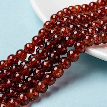 Spray Painted Crackle Glass Beads Strands, Round, Saddle Brown, 8mm, Hole: 1.3~1.6mm, about 100pcs/strand, 31.4 inch