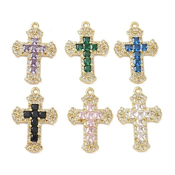 Brass Micro Pave Cubic Zirconia Pendants, Long-Lasting Plated, Cadmium Free & Lead Free, Cross Charm, Real 18K Gold Plated, Mixed Color, 23x16x2.5mm, Hole: 1.4mm