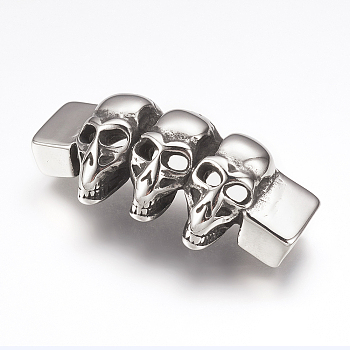 316 Surgical Stainless Steel Slide Charms, Three Skull, Antique Silver, 54x24x12mm, Hole: 6.5x12.5mm
