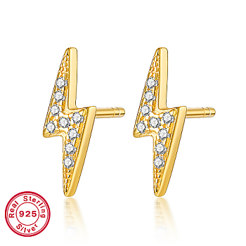 925 Sterling Silver Rhinestone Stud Earrings, Real 18K Gold Plated, with with S925 Stamp, Lightning Bolt, 11x3mm