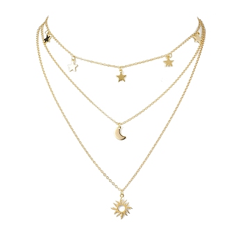 Brass 3 Layer Necklaces for Women, Stainless Steel Star & Moon & Sun Pendant Necklaces, Golden, 15.71 inch(399mm)