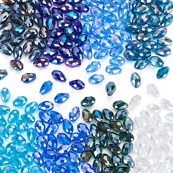 200Pcs 8 Colors Transparent Electroplate Glass Beads, AB Color Plated, Faceted, Teardrop, Mixed Color, 11.5x8mm, Hole: 1.2mm, 25pcs/color