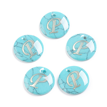 Synthetic Turquoise Charms, with Plastic Letter, Flat Round, Letter.P, 15x2mm, Hole: 1.5mm