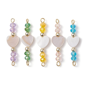 Natural Freshwater Shell Heart Connector Charms, with Glass Beads and Electroplate Non-magnetic Synthetic Hematite Beads, Mixed Color, 35x9.5x4.5mm, Hole: 1.5mm