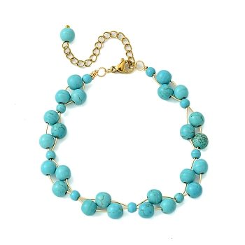 Synthetic Turquoise Round Beaded Bracelets for Women, Golden, 7-1/4 inch(18.3cm)