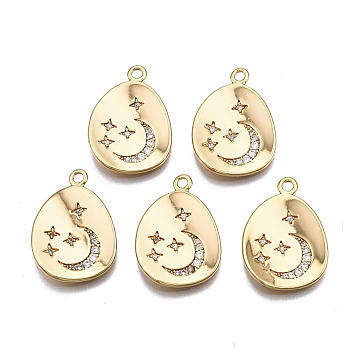 Brass Micro Pave Clear Cubic Zirconia Pendants, Nickel Free, Oval with Moon and Star, Real 18K Gold Plated, 22x15.5x3mm, Hole: 1.8mm