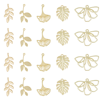 20Pcs 5 Style Alloy Pendants, Leaf/Monstera Leaf/Leafy Branch/Ginkgo Leaf Charms, Light Gold, 18~24x12~25.5x1~4mm, Hole: 1~1.6mm, 4pcs/style