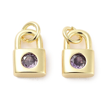 Brass Micro Pave Cubic Zirconia Charms, with Jump Ring, Lock, Real 18K Gold Plated, Medium Purple, 9x5.5x2.5mm, Hole: 1.6mm