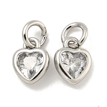 Brass Micro Pave Clear Cubic Zirconia Pendants, Cadmium Free & Nickel Free & Lead Free, Heart, with Jump Ring, Platinum, 7x5x2mm, Hole: 2mm