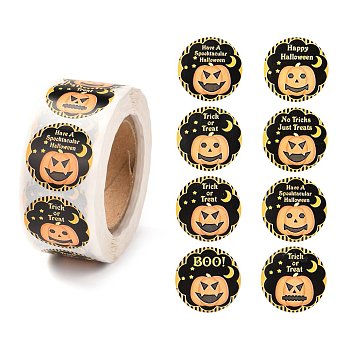 Halloween Self-Adhesive Paper Gift Tag Stickers, Flat Round with Pumpkin, Black, 2.5cm, about 500pcs/roll