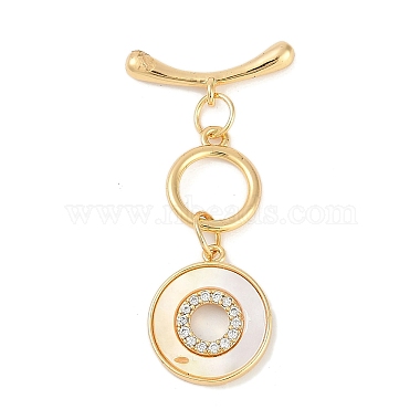 Real 18K Gold Plated Clear Flat Round Brass+Cubic Zirconia Toggle Clasps