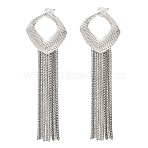 Hollow Rhombus Brass Stud Earrings, Chains Tassel Earrings, Long-Lasting Plated, Lead Free & Cadmium Free, Platinum, 68x21mm, Pin: 11x0.8mm(EJEW-L270-26B-P)