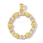 Brass Micro Pave Clear Cubic Zirconia Pendants, Ion Plating(IP), Round with Heart Charms, Hand Polished, Real 18K Gold Plated, 26x19mm, Hole: 4.3mm(CU-OY001-47G-01)