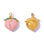 304 Stainless Steel Enamel Pendants, Peach Charm, Ion Plating(IP), Pink, Real 18K Gold Plated, 16x13mm, Hole: 1.6mm(STAS-OY017-25G)