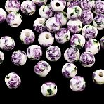 Floral Printed Porcelain Beads, Flower Patterned Ceramic Beads, Round, Orchid, 6mm, Hole: 2mm(PORC-Q199-6mm-01)