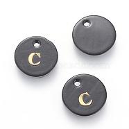 Freshwater Shell Charms, with Gold Blocking Letter, Dyed, Flat Round, Black, Letter.C, 11x1.5mm, Hole: 1.5mm(SHEL-S253-16C)