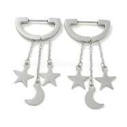 Non-Tarnish 304 Stainless Steel Hoop Earrings, Polished, Star & Moon, Stainless Steel Color, 45.5x3mm(EJEW-G400-10P)