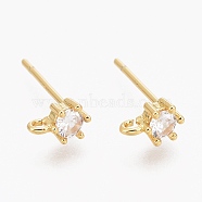 Brass Micro Pave Clear Cubic Zirconia Stud Earring Findings, with Silicone Ear Nuts, with Loop, Long-Lasting Plated, Flat Round, Real 18K Gold Plated, 6x4mm, Hole: 1mm, Pin: 0.8mm(ZIRC-L098-042G)
