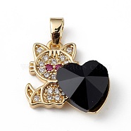 Real 18K Gold Plated Rack Plating Brass Micro Pave Cubic Zirconia Pendants, with Glass, Long-Lasting Plated, Cadmium Free & Lead Free, Cat with Heart, Black, 21x19.5x7.5mm, Hole: 3.5x5mm(KK-C015-31G-14)
