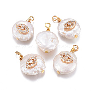 Natural Cultured Freshwater Pearl Pendants, with Brass Micro Pave Cubic Zirconia Findings, Nuggets with Evil Eye, Golden, Clear, 17~26x11~16x5~11mm, Hole: 1.6~2mm(PEAR-L027-24C)