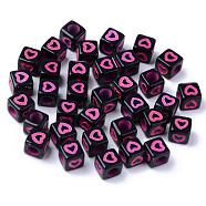 Opaque Black Acrylic European Beads, Large Hole Beads, Cube with Heart, Hot Pink, 7x7x7mm, Hole: 4mm, about 1900~2000pcs/500g(MACR-S273-51D-02)