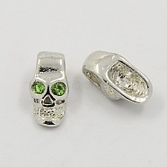 Alloy European Style Beads, for Halloween, with Rhinestone, Platinum Metal Color, Skull, Green Yellow, 16x9.4x8.2mm, Hole: 4mm(MPDL-Q003-3)