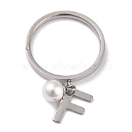 Dual-use Items, 304 Stainless Steel Finger Rings or Pendants, with Plastic Round Beads, Stainless Steel Color, White, Letter.F, US Size 5~9(15.7~18.9mm)(RJEW-O045-21-PF)