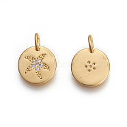 Brass Micro Pave Cubic Zirconia Charms, Lead Free & Cadmium Free, Flat Round with Starfish/Sea Stars, Clear, Matte Gold Color, 10x10x1.5mm, Hole: 3mm(KK-O118-12MG)