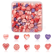 100Pcs 5 Style Handmade Polymer Clay Beads, Heart, for Valentine's Day, Mixed Color, 7.5~10x7~11x4~5mm, hole: 1.4~1.8mm(CLAY-FS0001-34)